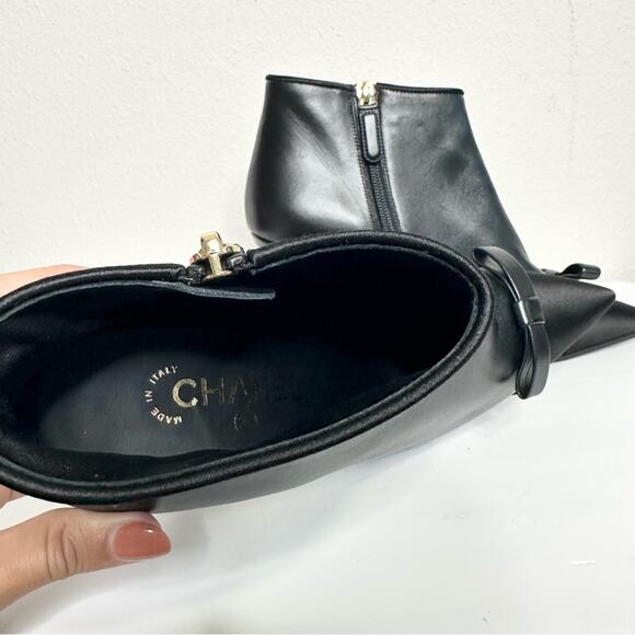 CHANEL Black Ankle Boots Size 37 Bow Accent NEW - Picture 8 of 12